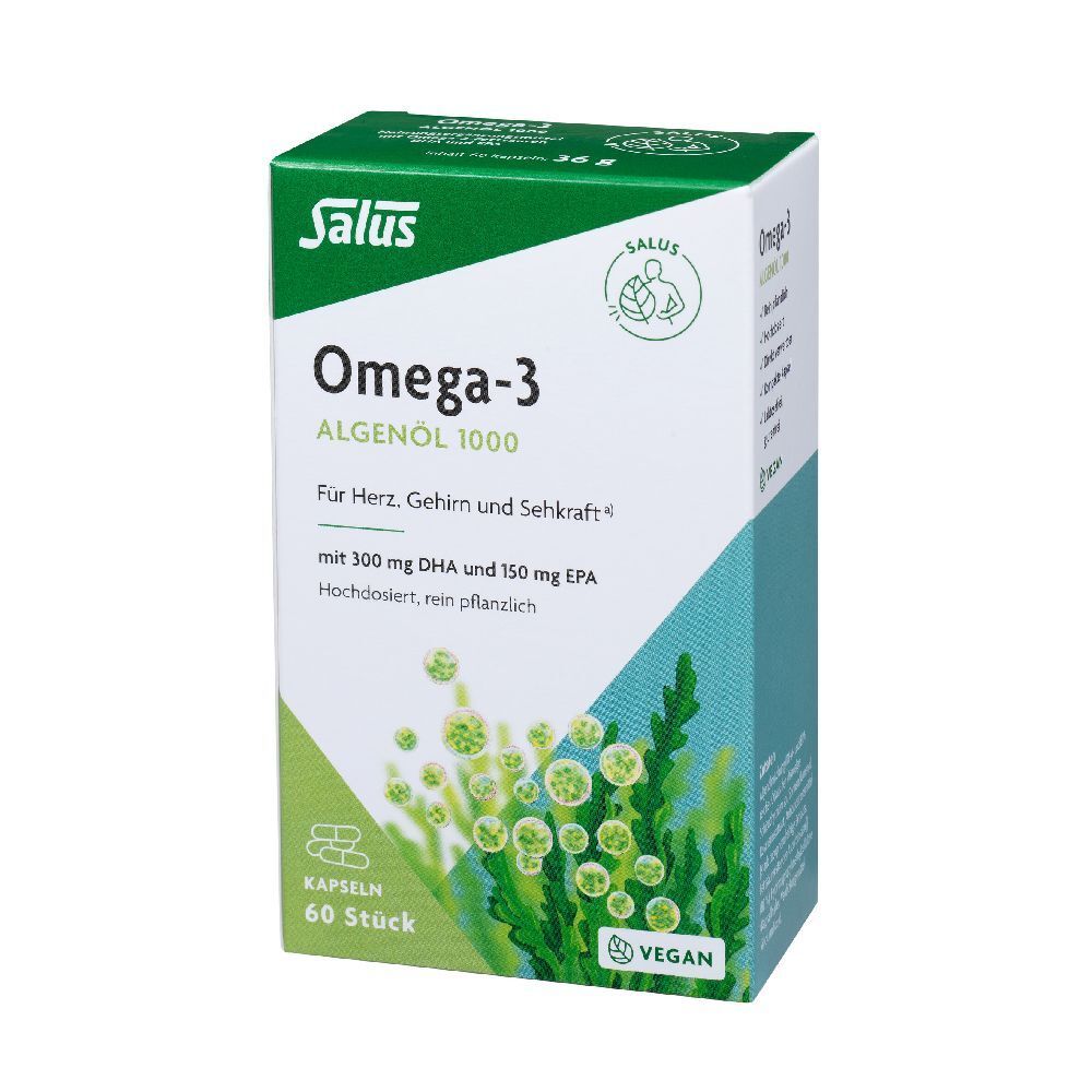 Boîte Salus Omega-3 Algenöl 1000. Blanc et vert. 60 capsules. Vegan.