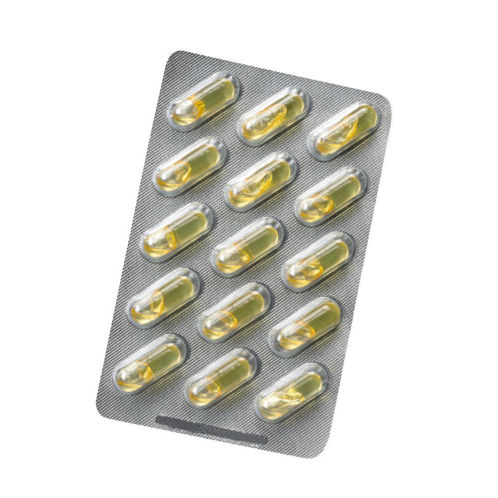 Blister de 12 capsules jaunes. Matériau transparent.