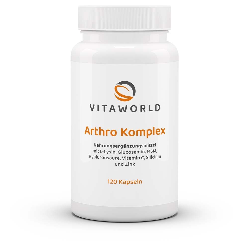 Weiße Flasche mit "Arthro Komplex" und "Vitaworld" Logo. 120 Kapseln. Nahrungsergänzungsmittel.