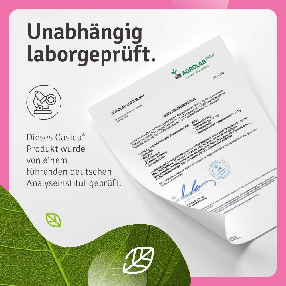 Produit testé en laboratoire. Certificat d'Agrolab. Casida Femina Komplex. Testé par un institut d'analyse allemand.
