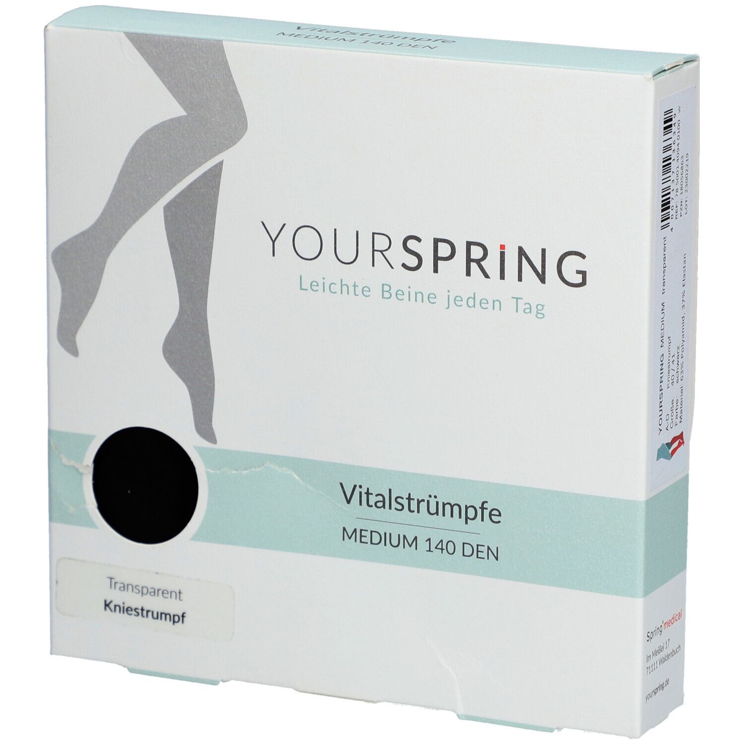 Verpackung mit Vitalstrümpfen. Marke YOURSPRING, transparente Kniestrümpfe, schwarz, MEDIUM 140 DEN.