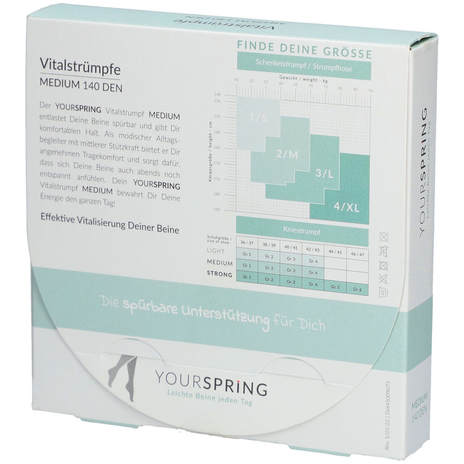 Verpackung mit Vitalstrümpfen. Marke YOURSPRING. Rückseite mit Größentabelle für Kniestrümpfe.