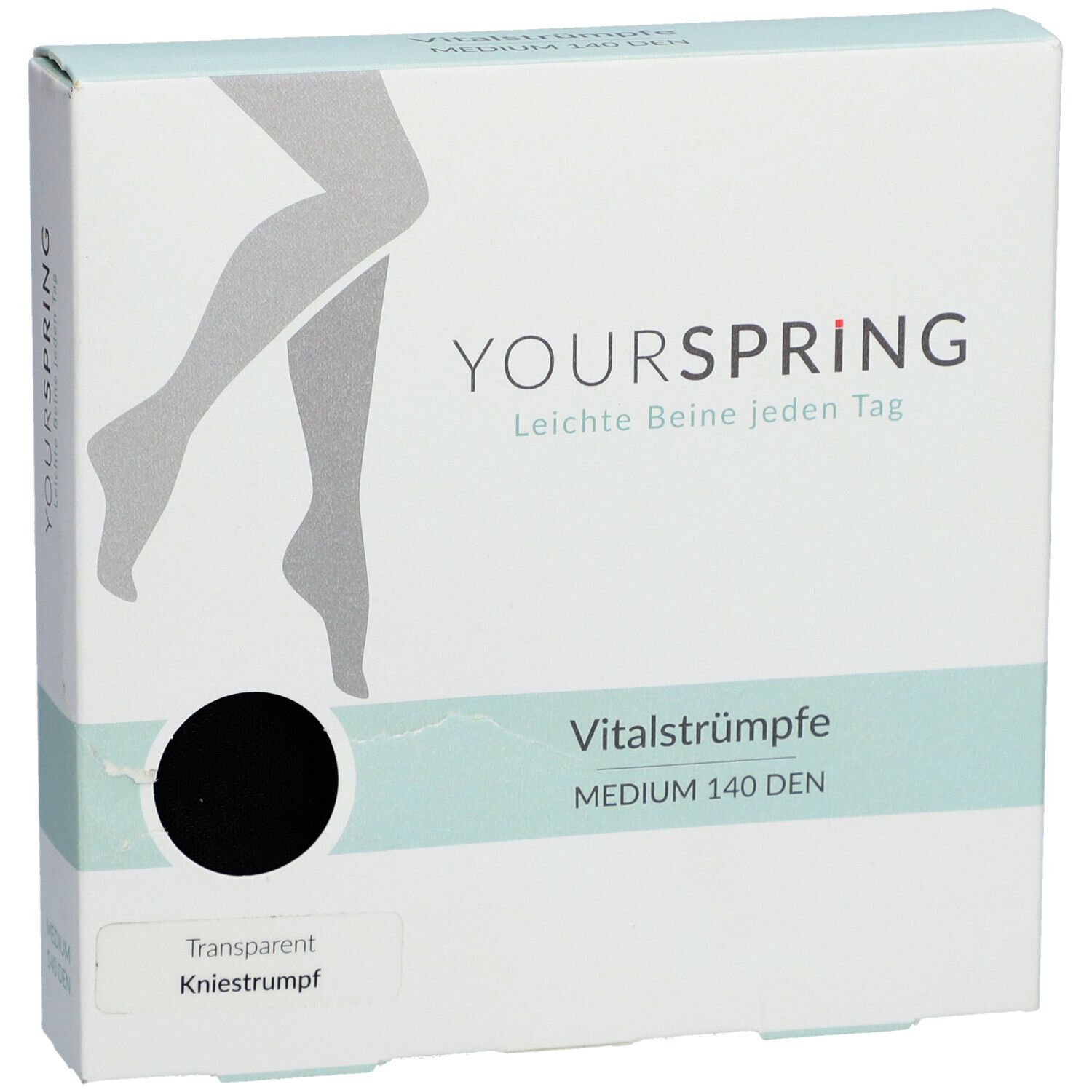 Verpackung mit Vitalstrümpfen. Marke YOURSPRING, transparente Kniestrümpfe, schwarz, MEDIUM 140 DEN.