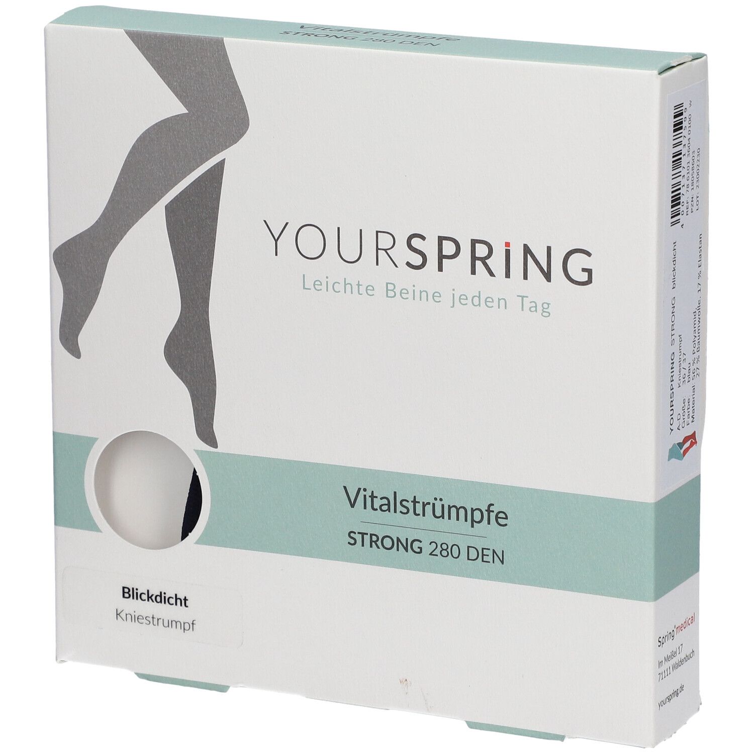 Boîte de bas de contention YOURSPRING. Bas genou, opaques, STRONG 280 DEN. Illustration de jambes. Texte en allemand.
