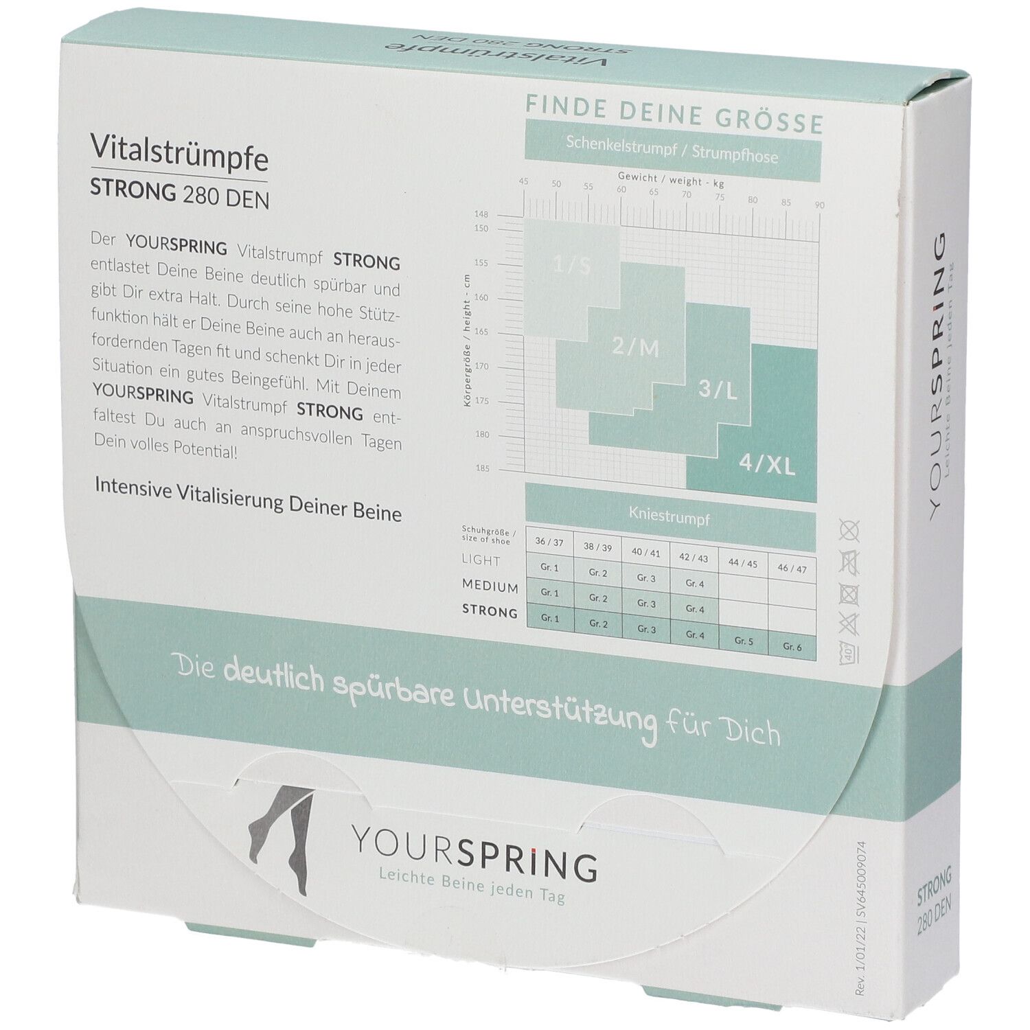 Boîte de bas de contention YOURSPRING. STRONG 280 DEN. Tableau des tailles. Texte en allemand. Illustration de jambes.