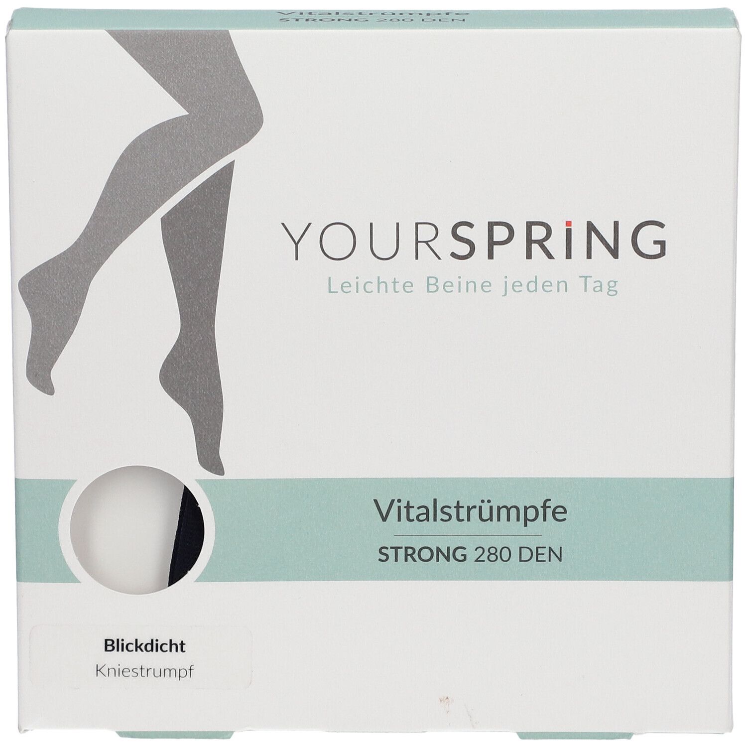 Boîte de bas de contention YOURSPRING. Bas genou, opaques, STRONG 280 DEN. Illustration de jambes. Texte en allemand.