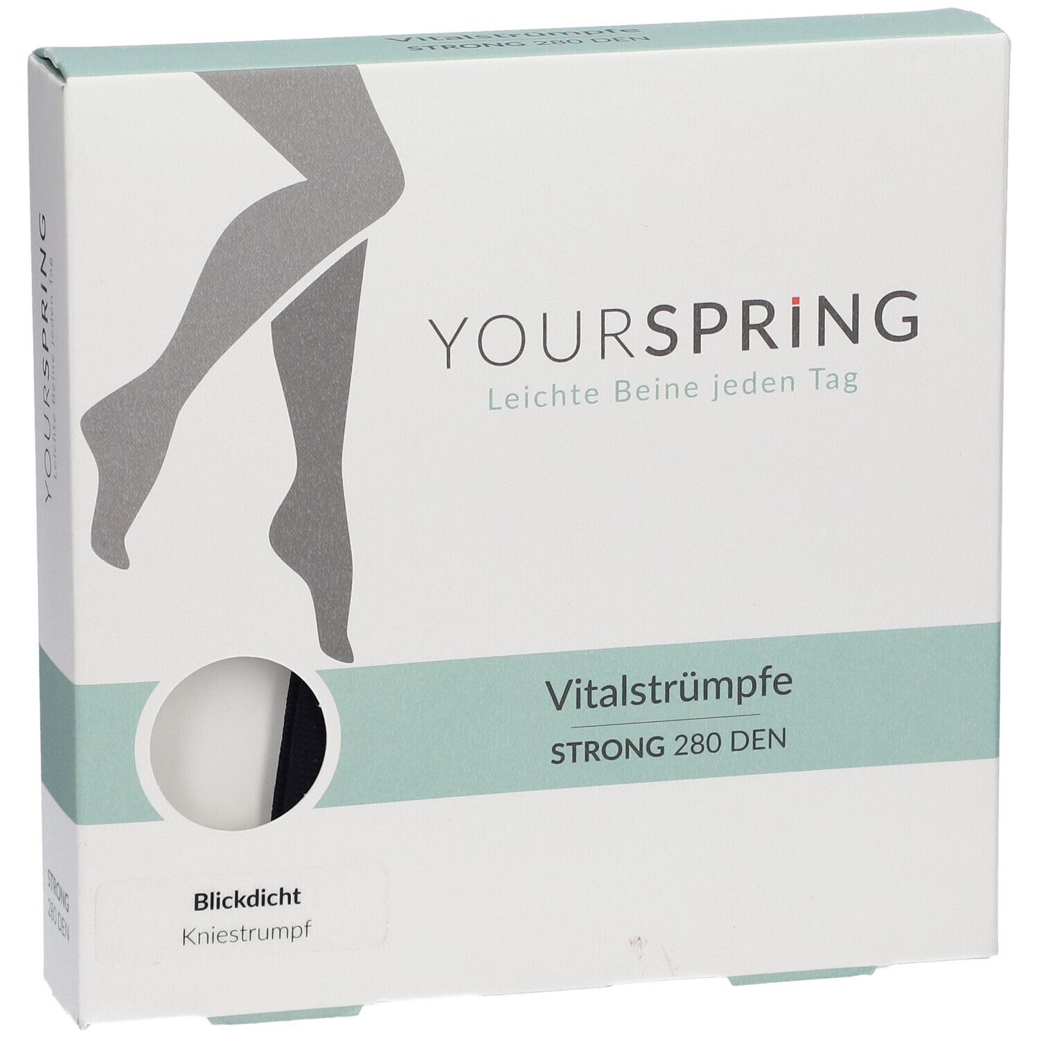 Boîte de bas de contention YOURSPRING. Bas genou, opaques, STRONG 280 DEN. Illustration de jambes. Texte en allemand.