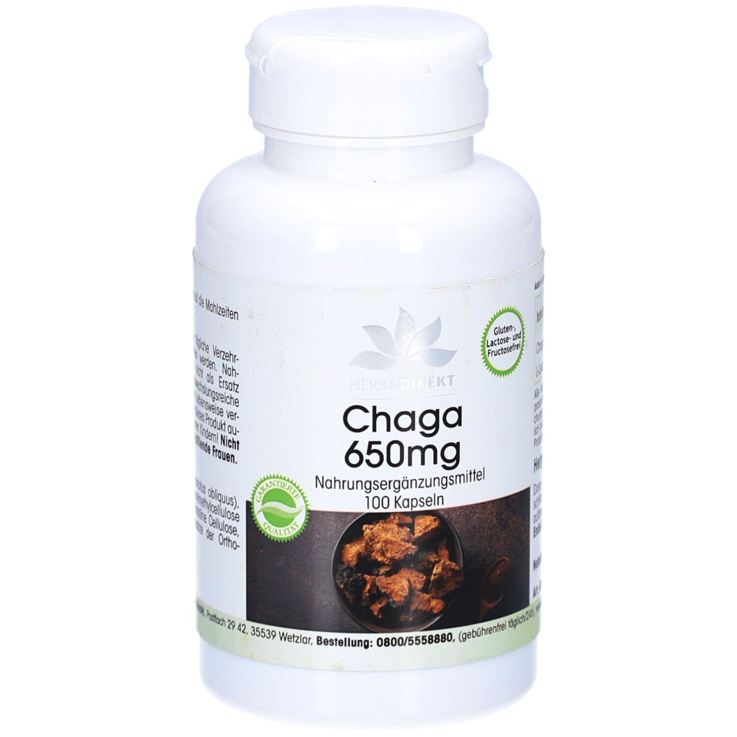 Flacon blanc avec capsules Chaga 650mg. Inscription: 100 capsules. Sans gluten, lactose et fructose.