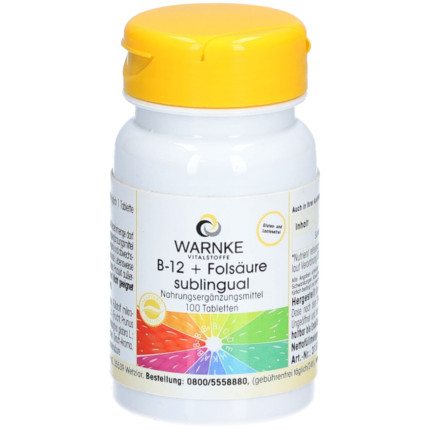 Flacon blanc de comprimés avec couvercle jaune. Inscription: WARNKE VITALSTOFFE B-12 + Folsäure sublingual. 100 comprimés.