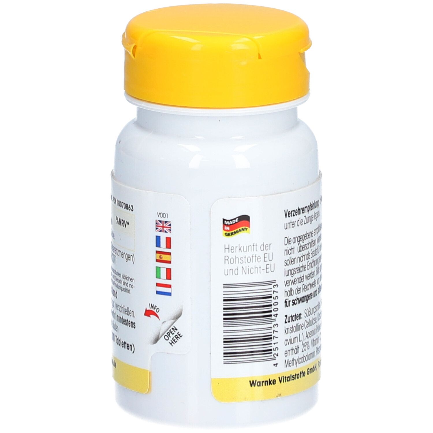 Dos du flacon de comprimés blanc avec couvercle jaune. Texte, code-barres et drapeaux. Fabriqué en Allemagne.