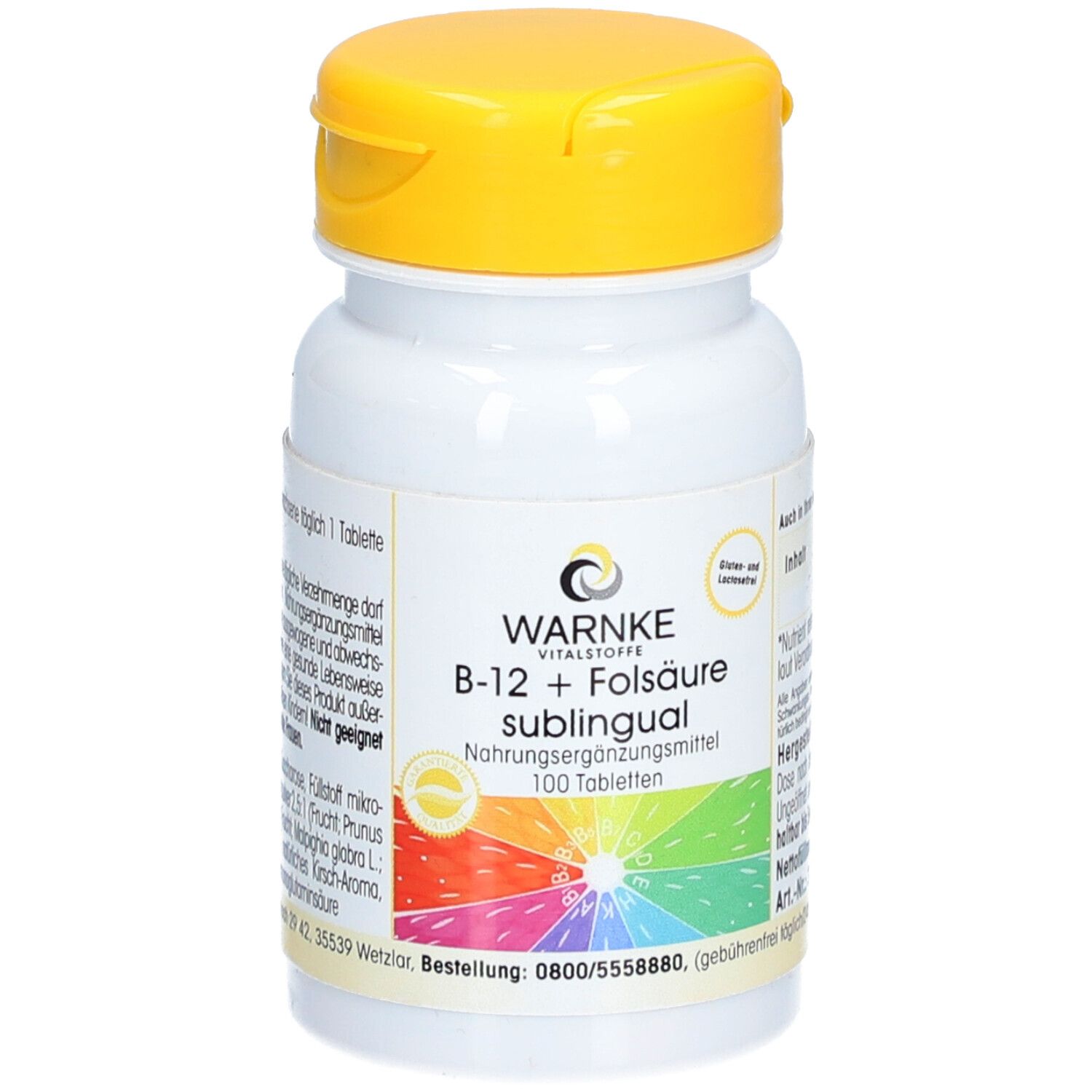 Flacon blanc de comprimés avec couvercle jaune. Inscription: WARNKE VITALSTOFFE B-12 + Folsäure sublingual. 100 comprimés.