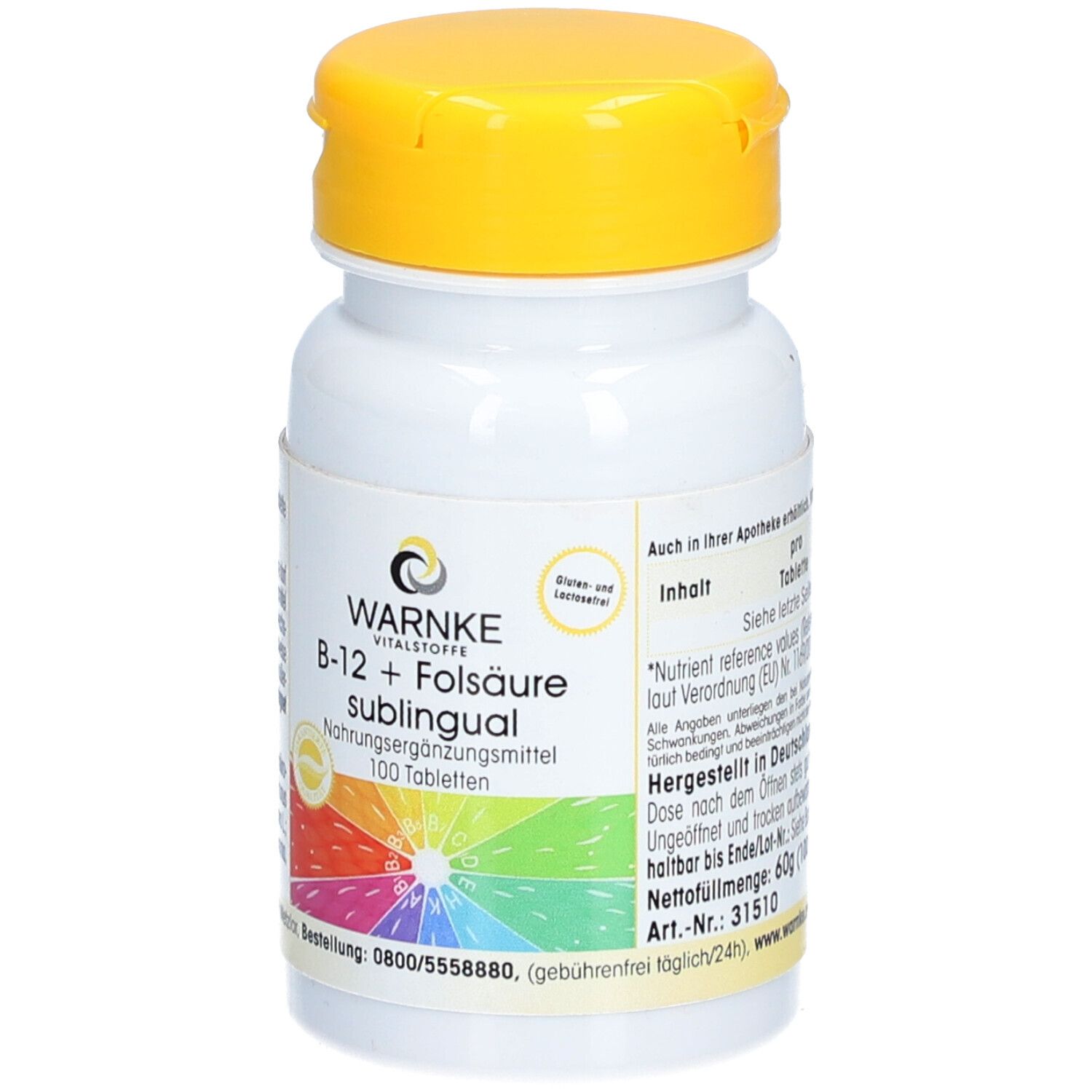Flacon blanc de comprimés avec couvercle jaune. Inscription: WARNKE VITALSTOFFE B-12 + Folsäure sublingual. 100 comprimés.