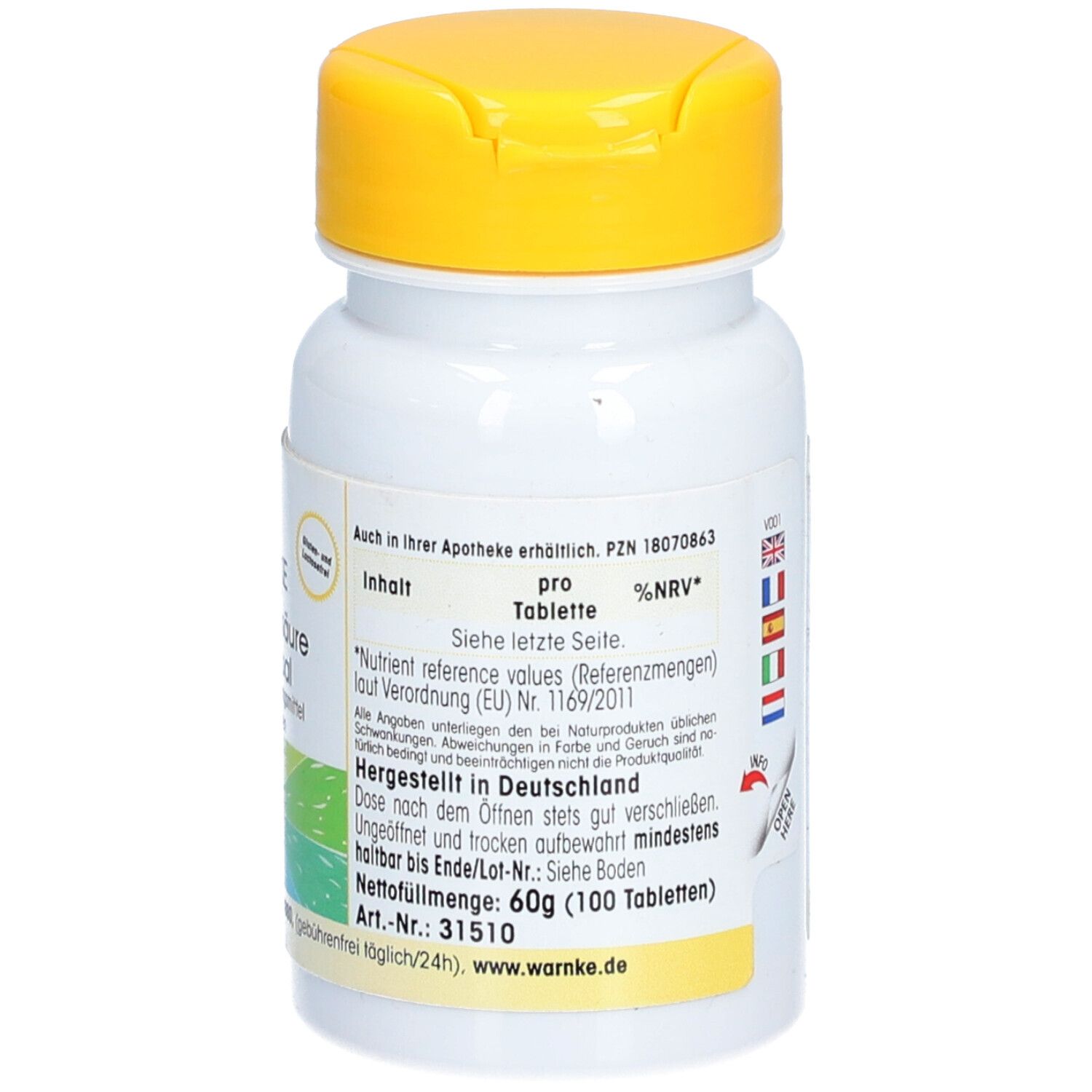 Flacon blanc de comprimés avec couvercle jaune. Inscription: WARNKE VITALSTOFFE B-12 + Folsäure sublingual. 100 comprimés.