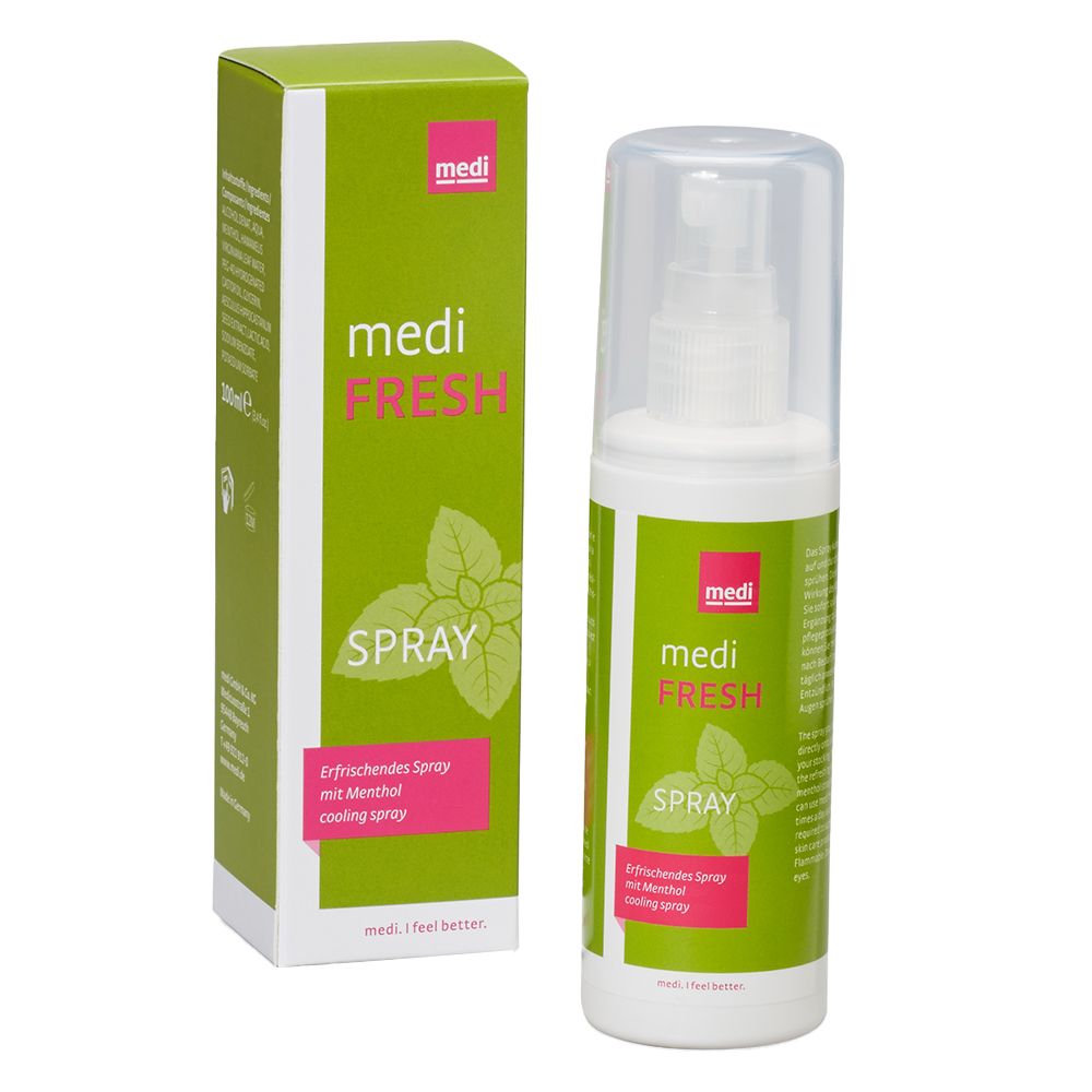 Sprayflasche und Schachtel. Aufschrift: medi FRESH SPRAY. Kühlendes Spray mit Menthol.