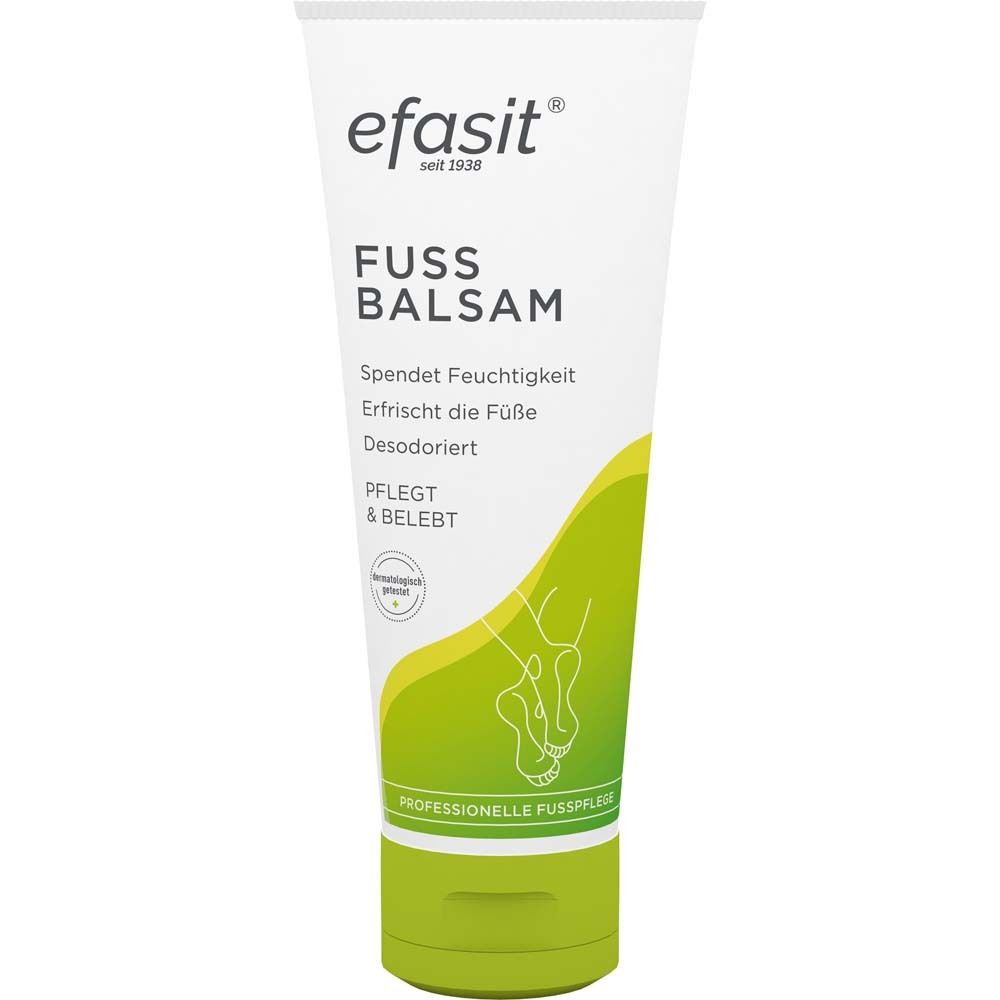 efasit® FUSS BALSAM Tube. Weiß, grün. Text: FUSS BALSAM, spendet Feuchtigkeit, erfrischt, desodoriert, pflegt, belebt. Logo.