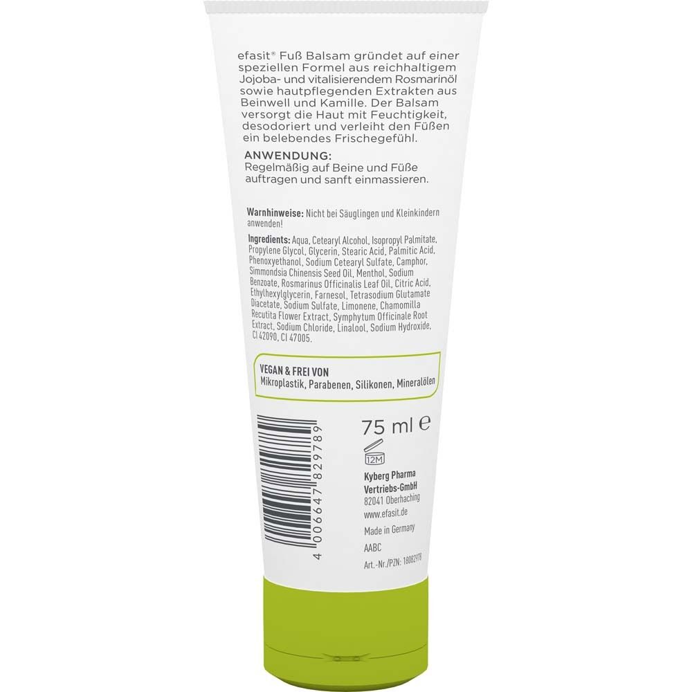 Rückseite der efasit® FUSS BALSAM Tube. Text: Inhaltsstoffe, Anwendung, Warnhinweise. Vegan & frei von Mikroplastik, Parabenen, Silikonen, Mineralölen. 75 ml.