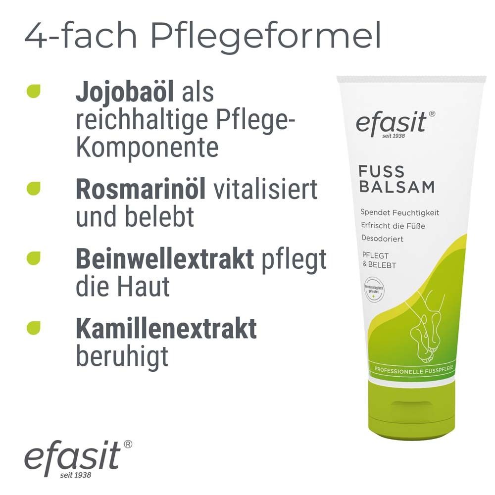 Text: 4-fach Pflegeformel. Jojobaöl, Rosmarinöl, Beinwellextrakt, Kamillenextrakt. efasit® FUSS BALSAM Tube.