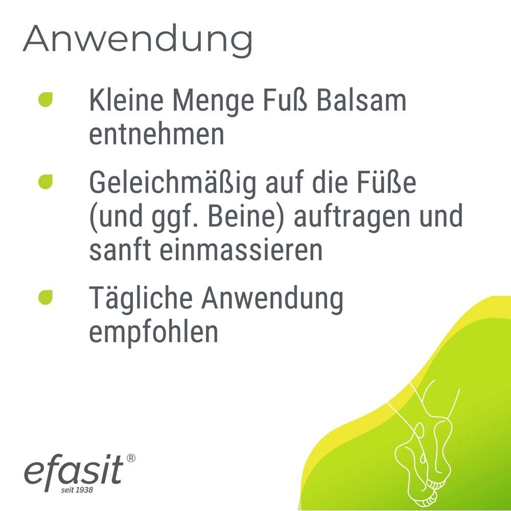 Text: Anwendung. Kleine Menge Fuß Balsam entnehmen. Auftragen und einmassieren. Tägliche Anwendung empfohlen. efasit® Logo.
