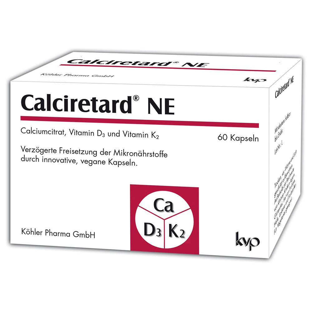 Boîte blanche Calciretard NE. Contient 60 gélules. Logo Ca, D3, K2. Fabricant : Köhler Pharma GmbH.