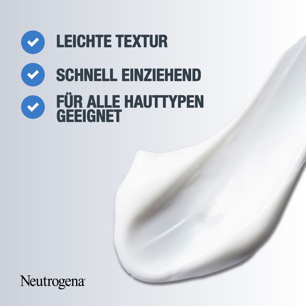 Sérum blanc. Texture légère, absorption rapide, convient à tous les types de peau. Logo Neutrogena®.