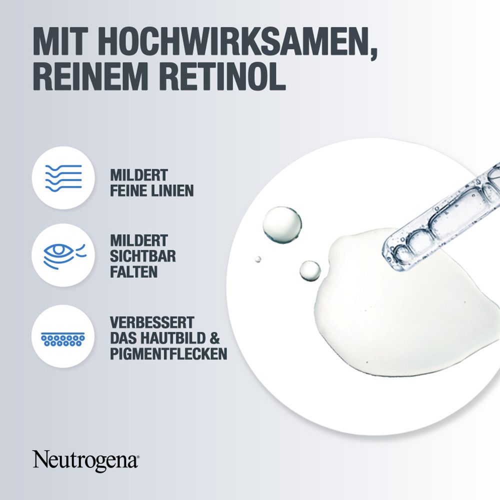 Sérum avec pipette. Atténue les ridules, les rides et les taches pigmentaires. Logo Neutrogena®.