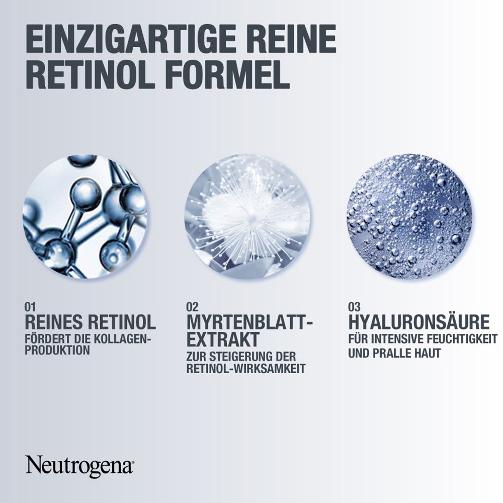 Rétinol pur, extrait de myrte, acide hyaluronique. Logo Neutrogena®.