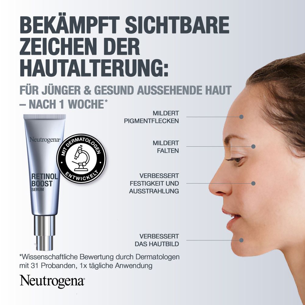 Femme avec visage. Produit et texte : réduit les rides, les taches, améliore la fermeté. Logo Neutrogena®.
