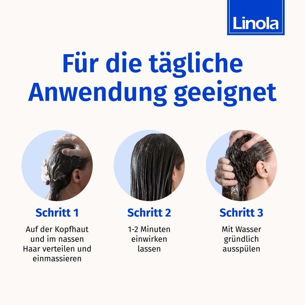 Drei Schritte: Auftragen, einwirken lassen, ausspülen. Text: Für die tägliche Anwendung geeignet.