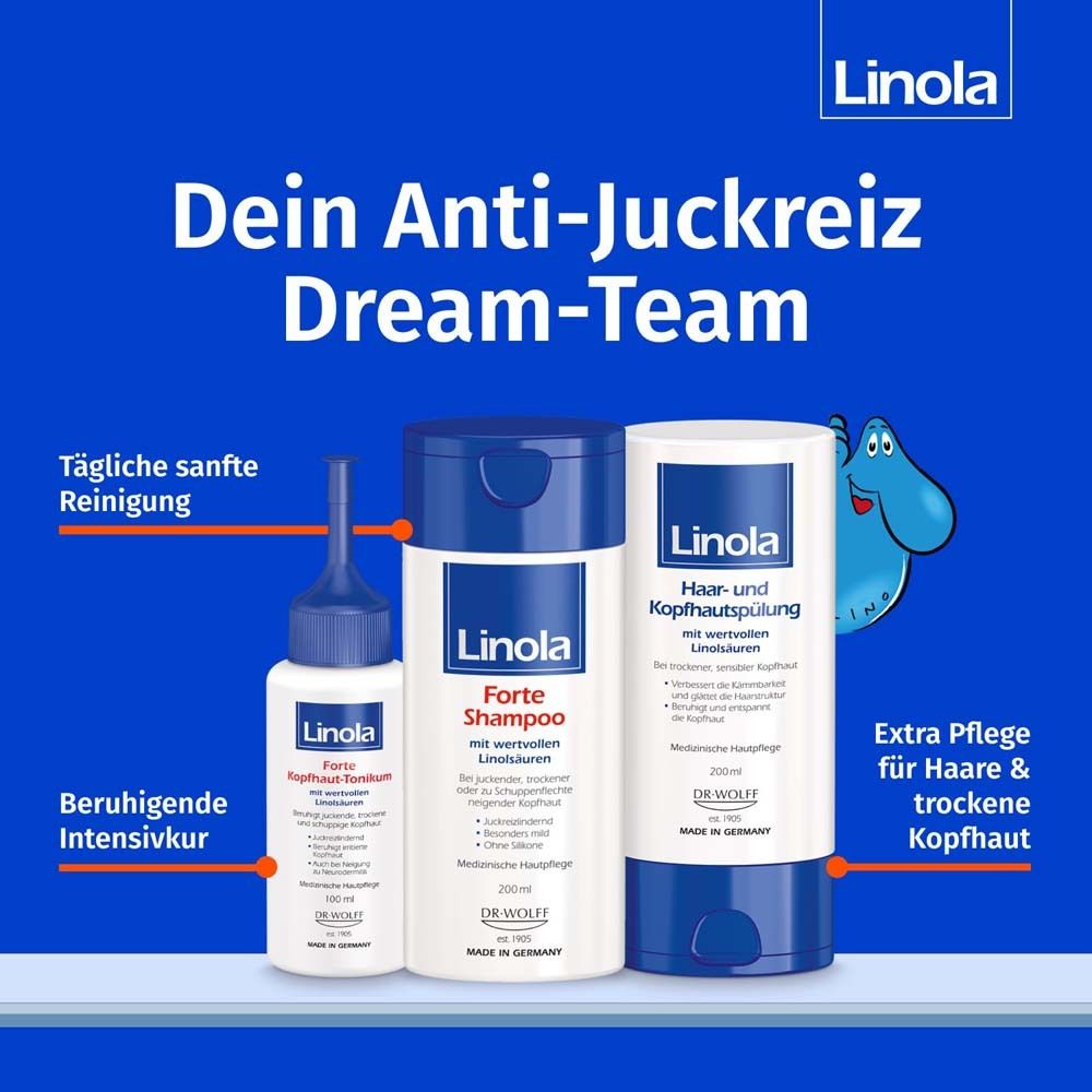 Linola-Produkte: Forte Shampoo, Forte Kopfhaut-Fond, Haar- und Kopfhautspülung. Text: Dein Anti-Juckreiz Dream-Team.