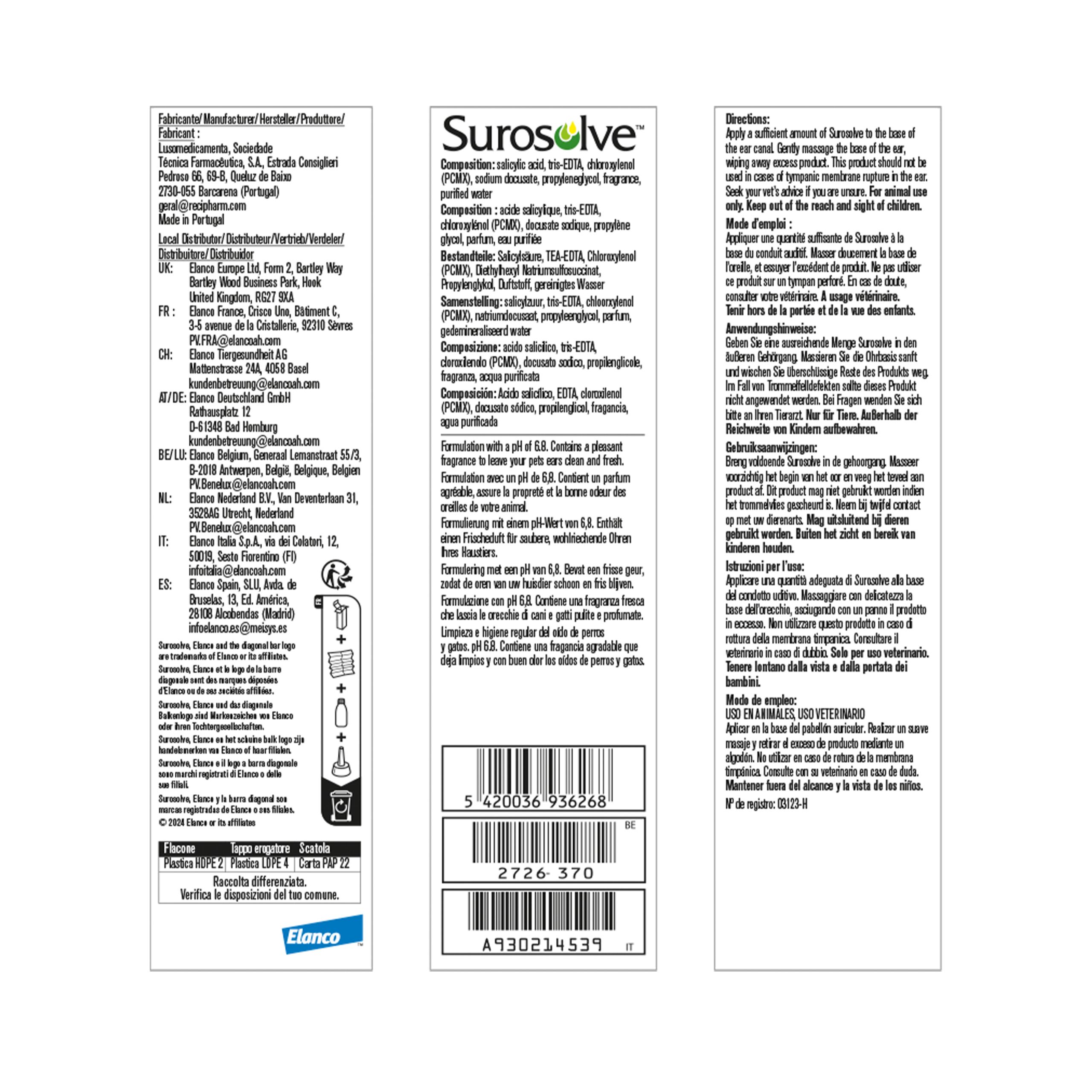 Rückseite der Verpackung von Surosolve. Text in mehreren Sprachen. Inhaltsstoffe und Herstellerinformationen.