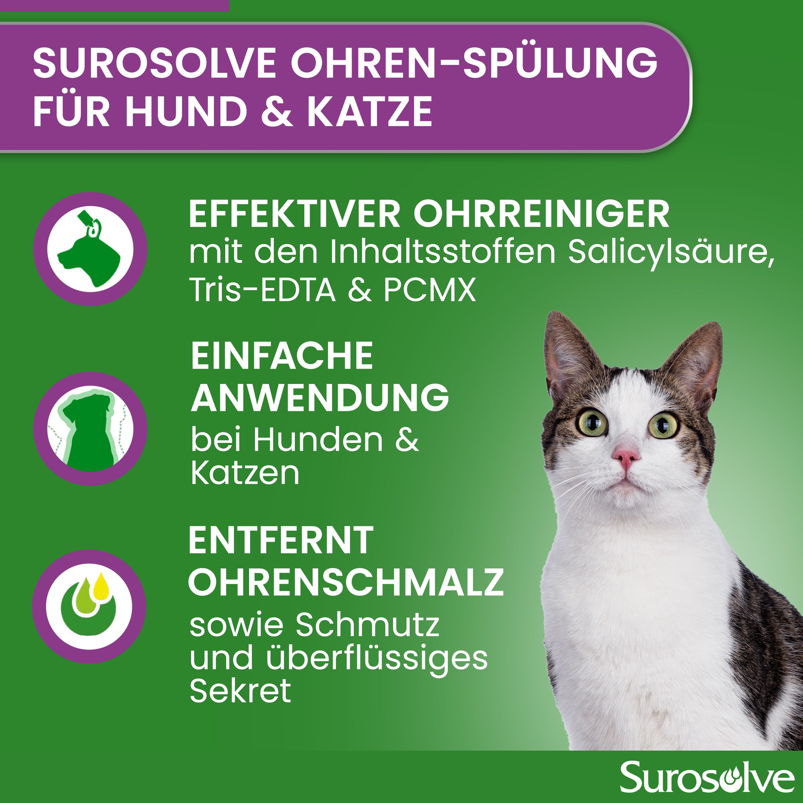 Surosolve Ohrreinigung für Hund & Katze. Text mit Inhaltsstoffen und Anwendung. Katze im Bild.
