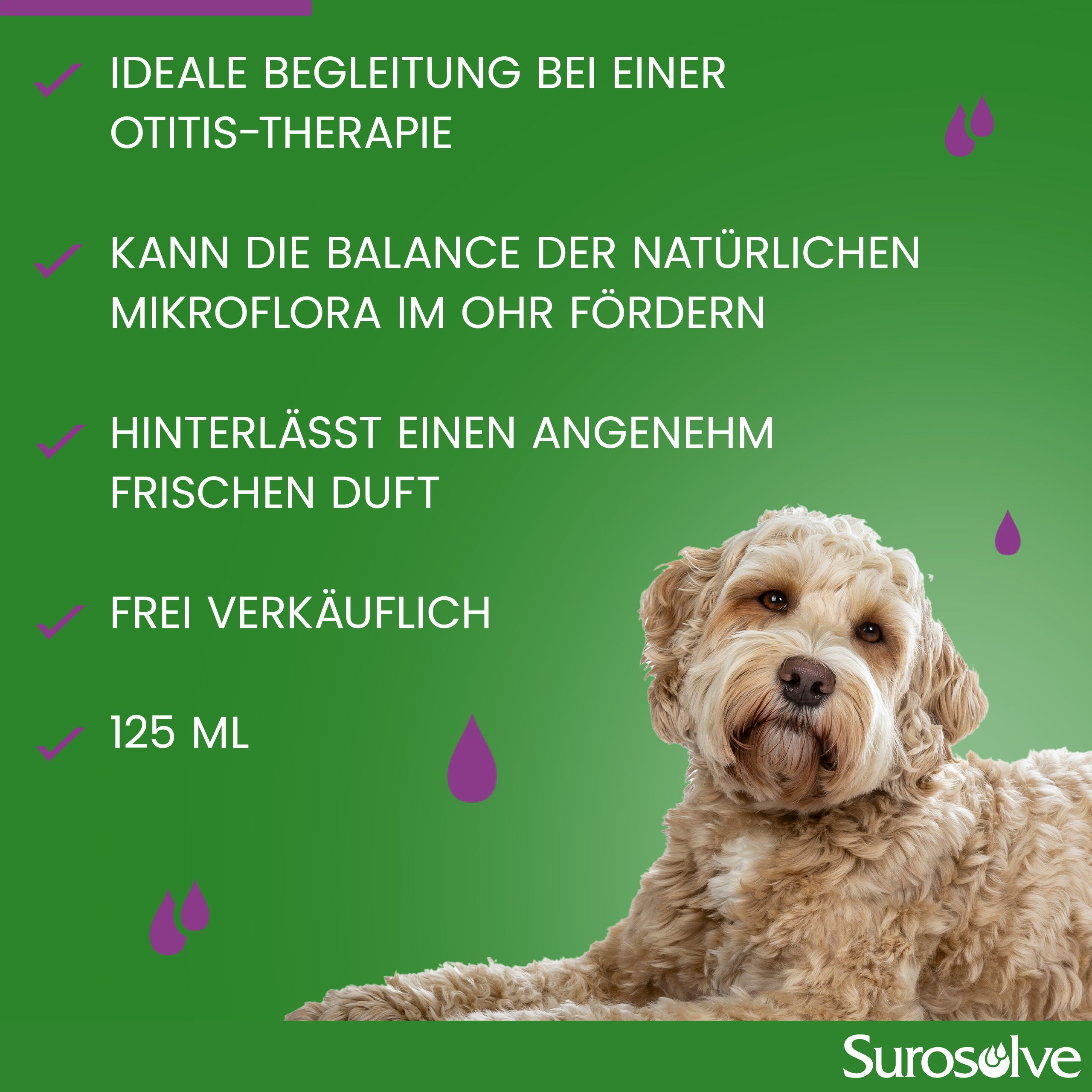 Surosolve. Ideale Begleitung bei Otitis-Therapie. Hinterlässt Duft. 125 ml. Hund im Bild.