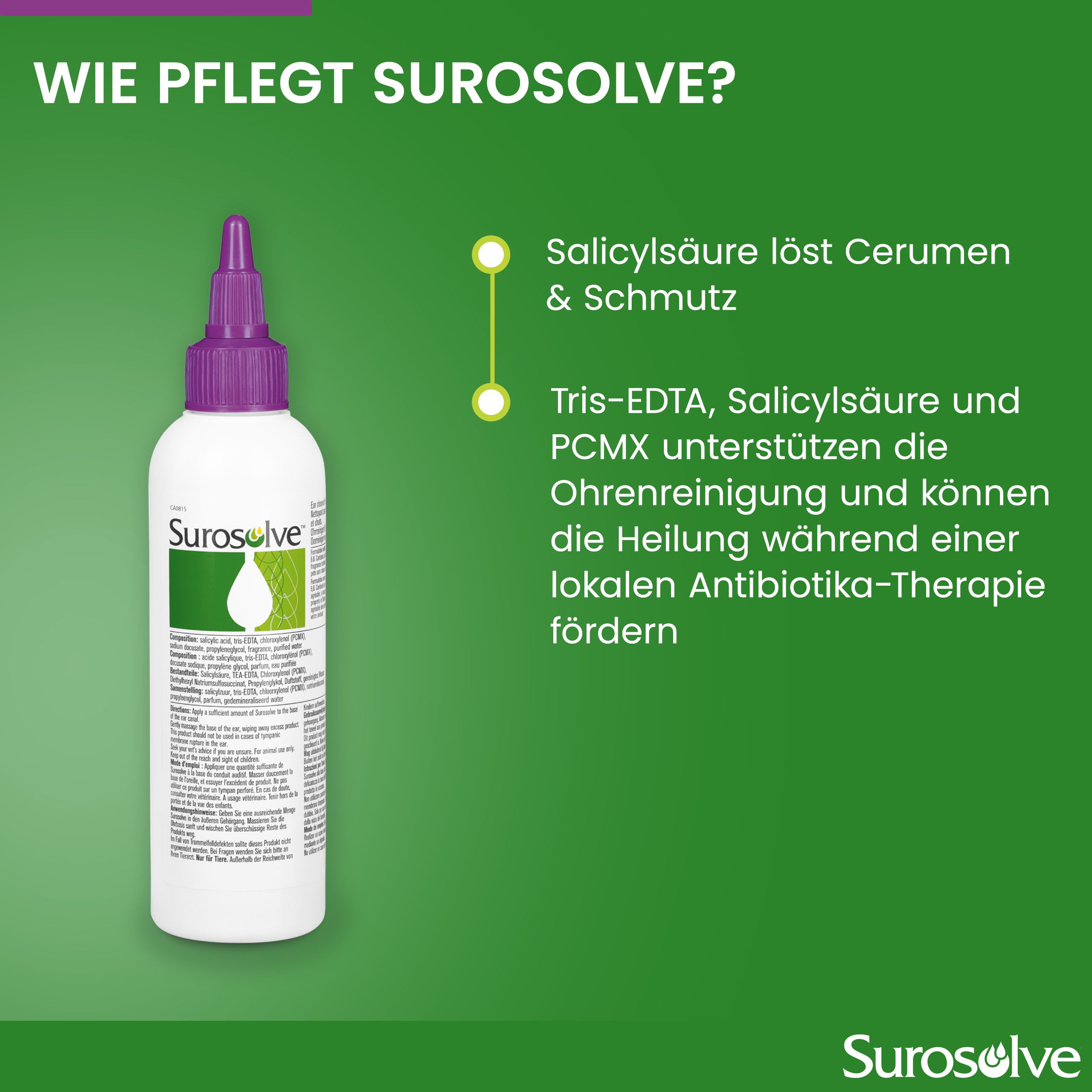 Wie pflegt Surosolve? Salicylsäure löst Cerumen. Inhaltsstoffe unterstützen die Heilung.