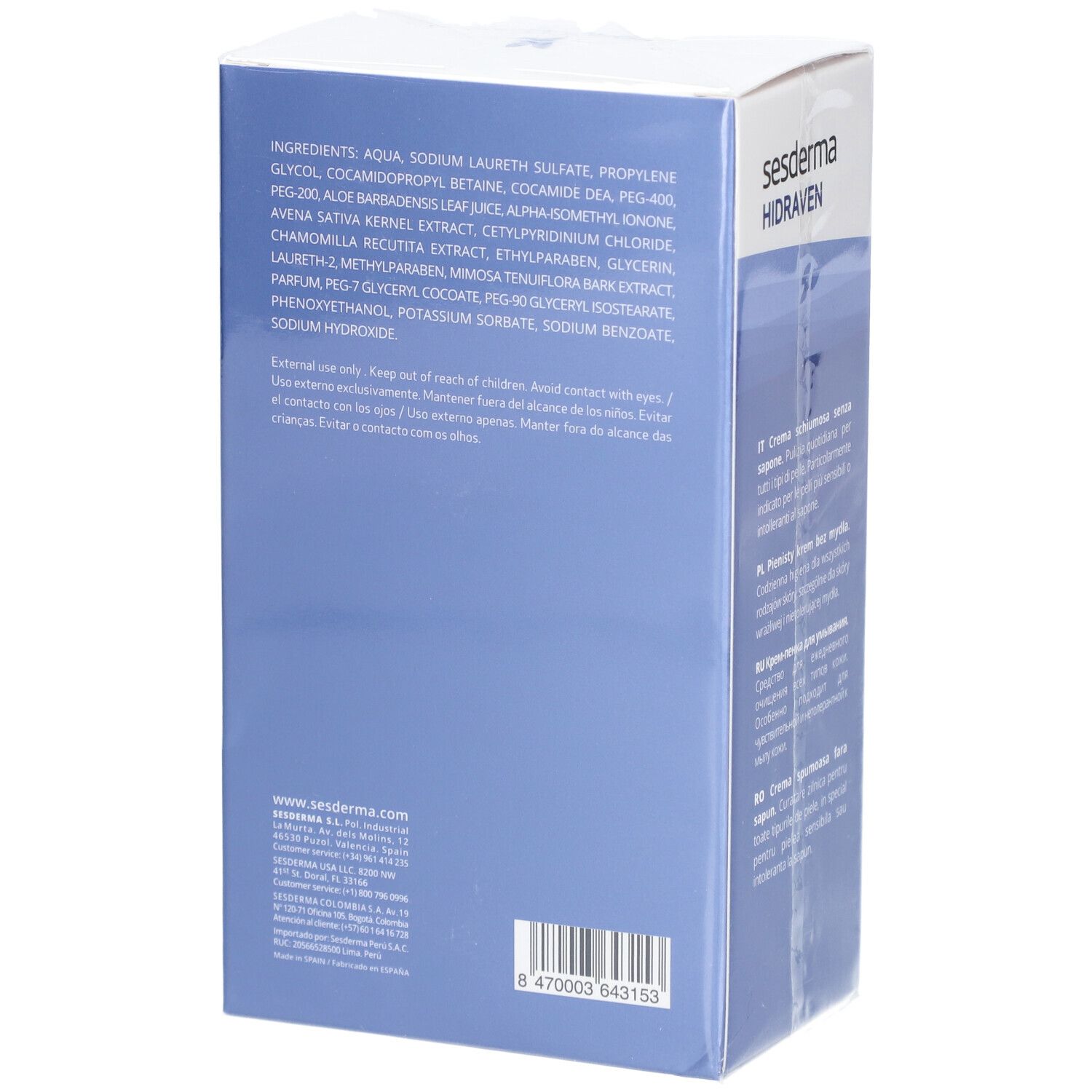 Dos de la boîte Sesderma Hidraven. Ingrédients et informations de contact. Fond bleu clair.