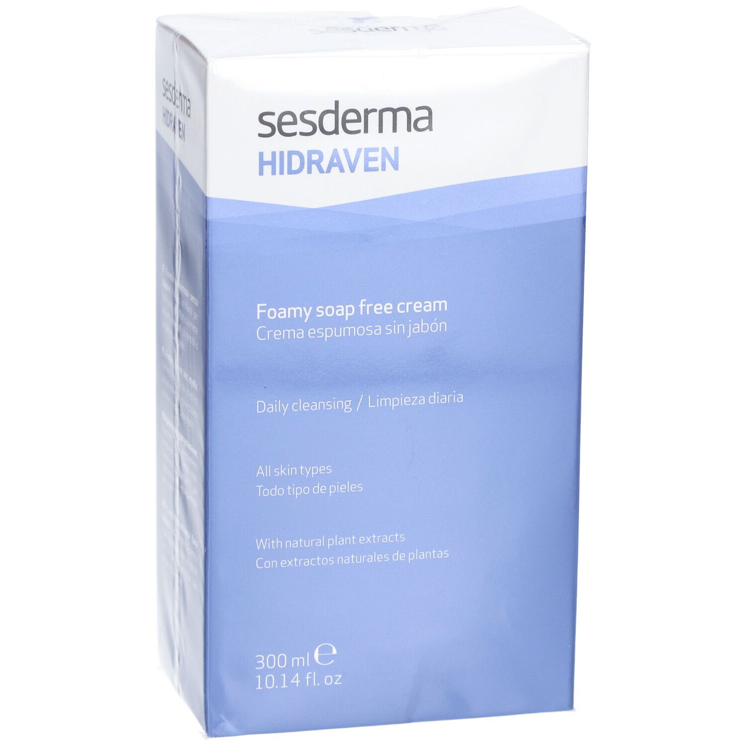 Boîte Sesderma Hidraven. Crème moussante sans savon. 300 ml. Fond bleu clair.