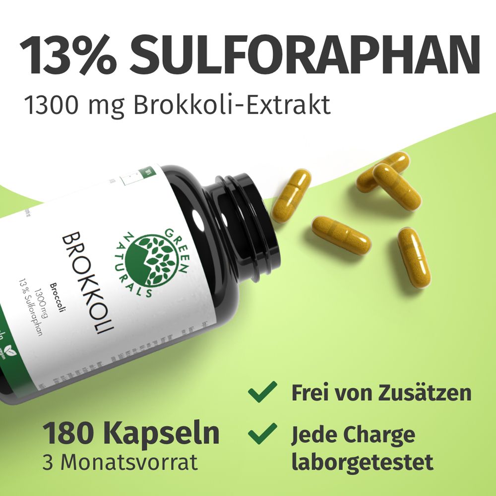 Gélules et flacon. Texte : 13% SULFORAPHAN, 1300 mg extrait de brocoli, 180 gélules, 3 mois d'approvisionnement. Sans additifs, testé en labo.