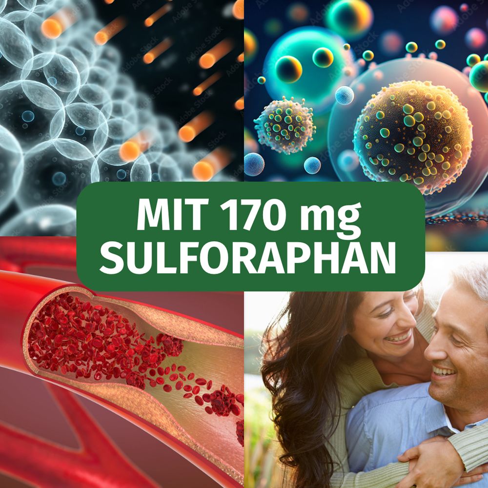 Collage d'images. Texte : AVEC 170 mg SULFORAPHAN. Images de cellules, de vaisseaux et d'un couple.