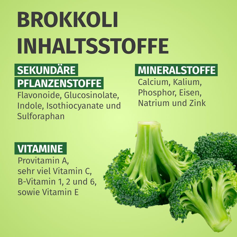 Texte : INGRÉDIENTS DU BROCOLI. Substances végétales secondaires, minéraux, vitamines. Têtes de brocoli.