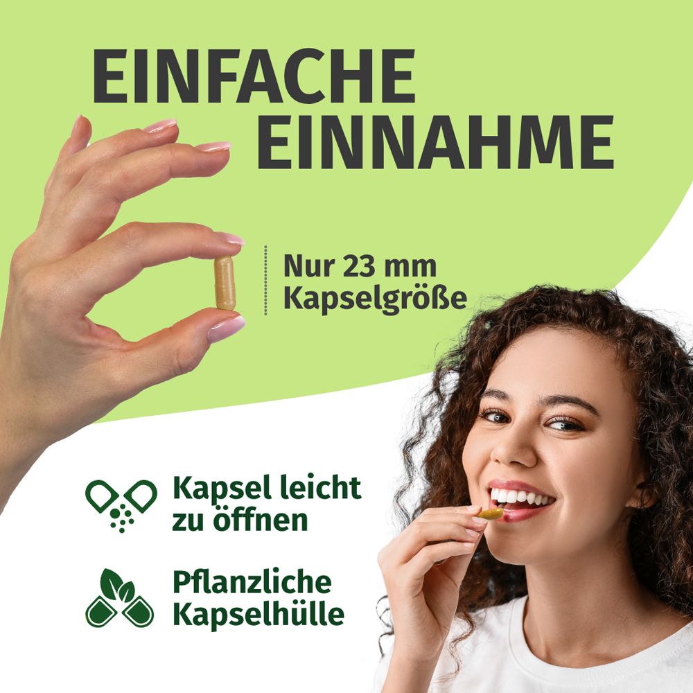 Femme prenant une gélule. Texte : PRISE FACILE. Gélule facile à ouvrir, enveloppe végétale. Taille de la gélule : 23 mm.