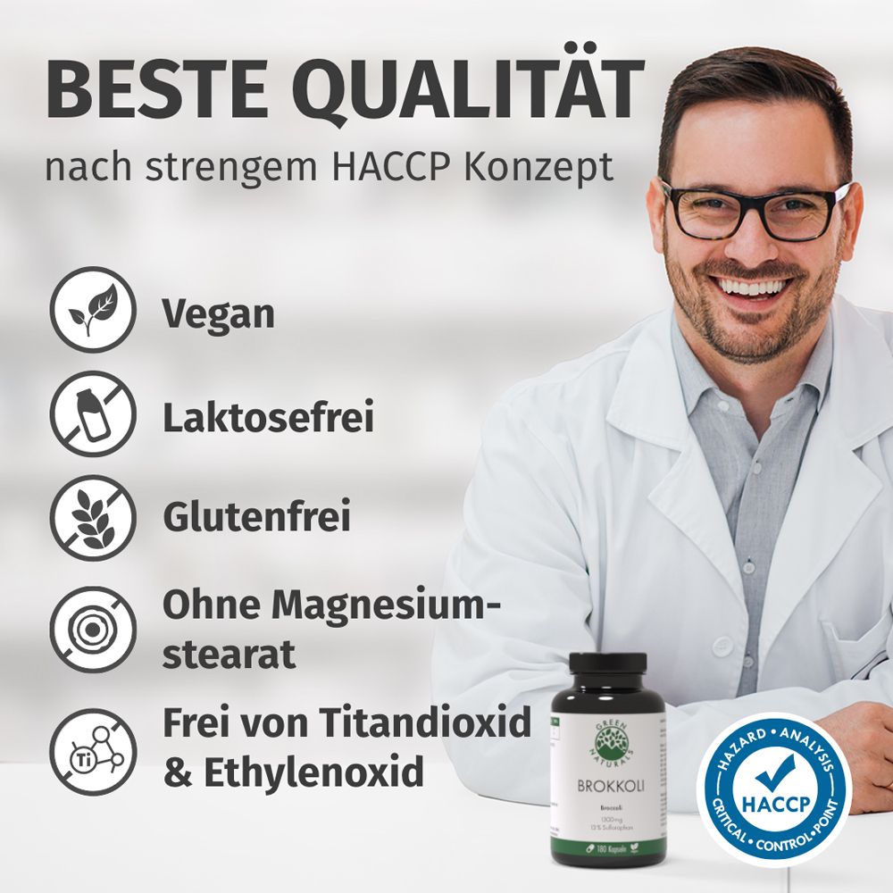 Homme avec produit. Texte : MEILLEURE QUALITÉ selon HACCP. Végétalien, sans lactose, sans gluten, sans stéarate de magnésium, sans dioxyde de titane.