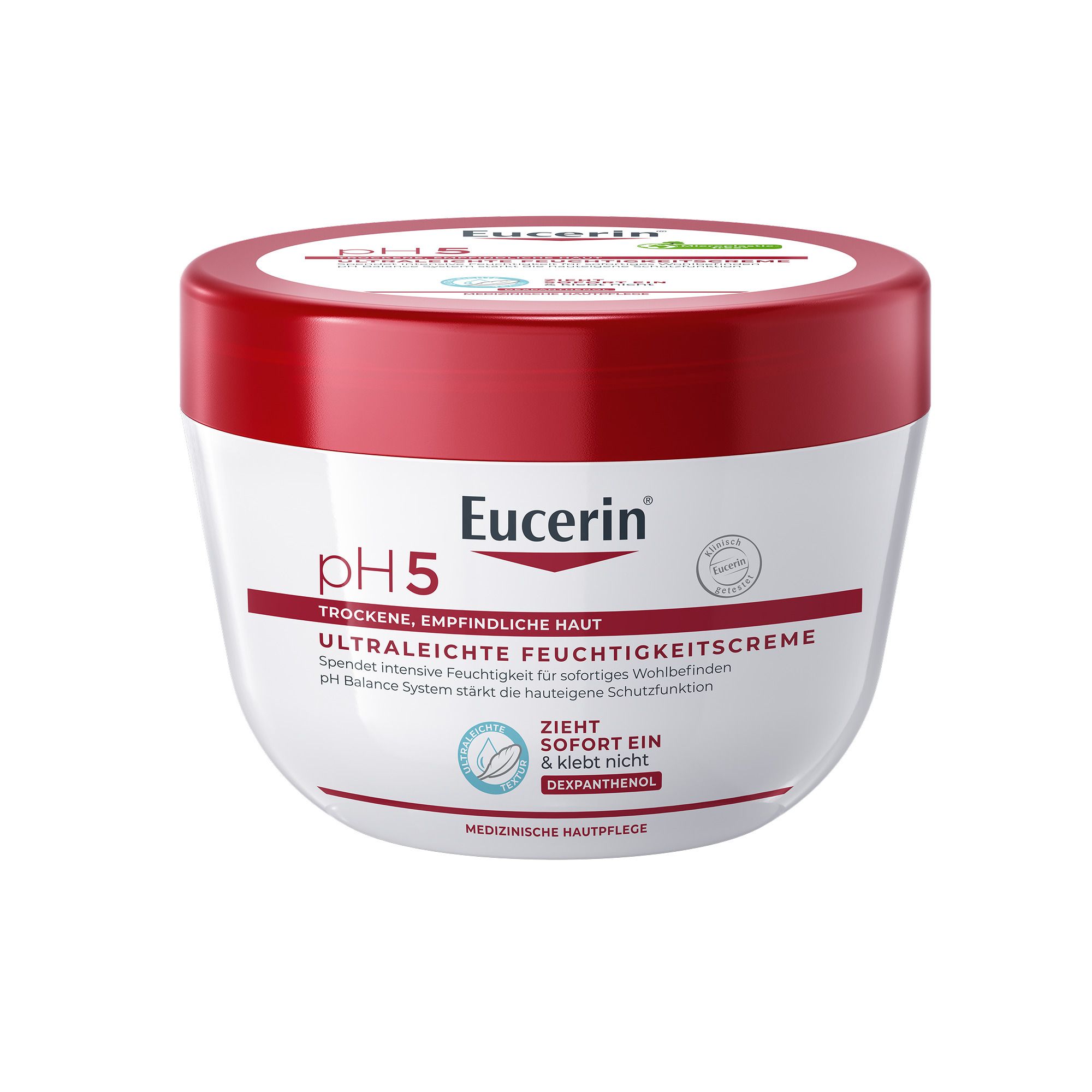 Eucerin pH5 Ultraleichte Feuchtigkeitscreme für trockene, empfindliche Haut in einem weißen Tiegel mit rotem Deckel.