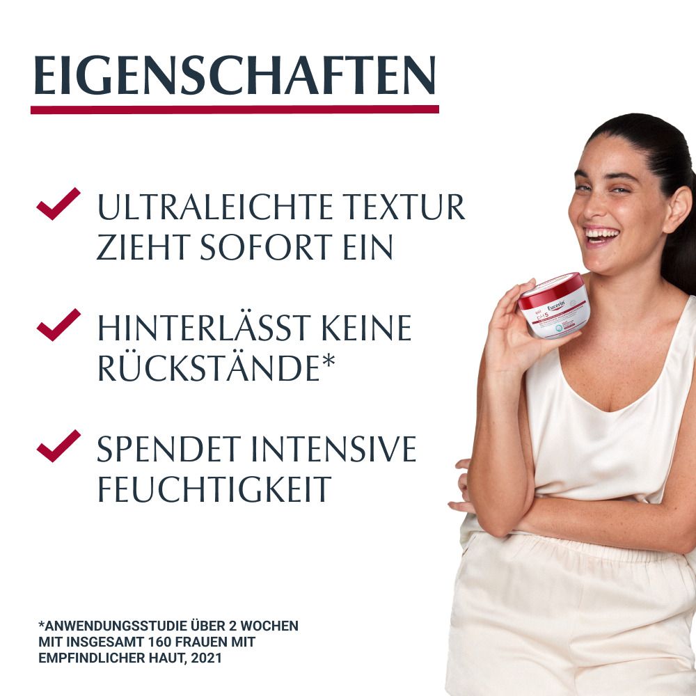 Frau hält Eucerin pH5 Ultraleichte Feuchtigkeitscreme. Eigenschaften: ultraleichte Textur, zieht sofort ein, hinterlässt keine Rückstände, spendet intensive Feuchtigkeit.