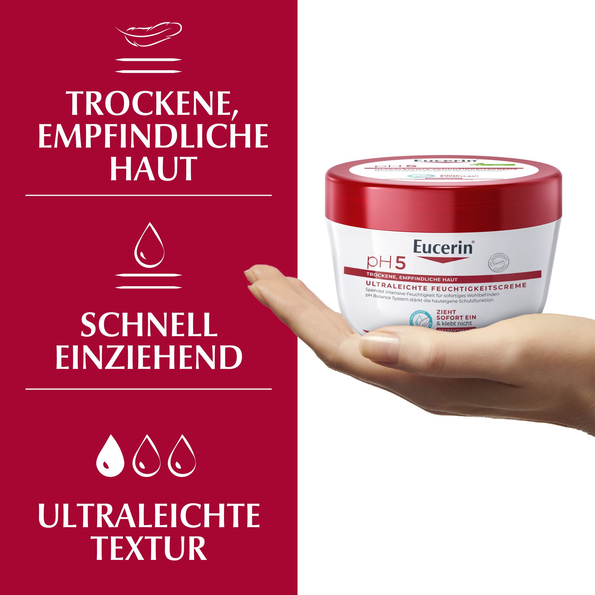 Hand präsentiert Eucerin pH5 Ultraleichte Feuchtigkeitscreme. Für trockene, empfindliche Haut, zieht schnell ein, ultraleichte Textur.