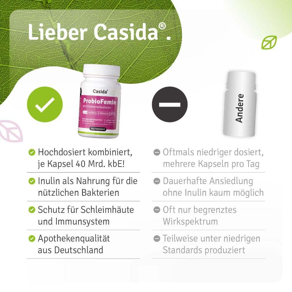 Flacon blanc Casida ProbioFemin. Fortement dosé, inuline comme aliment pour les bactéries, protection des muqueuses et du système immunitaire, qualité pharmacie.