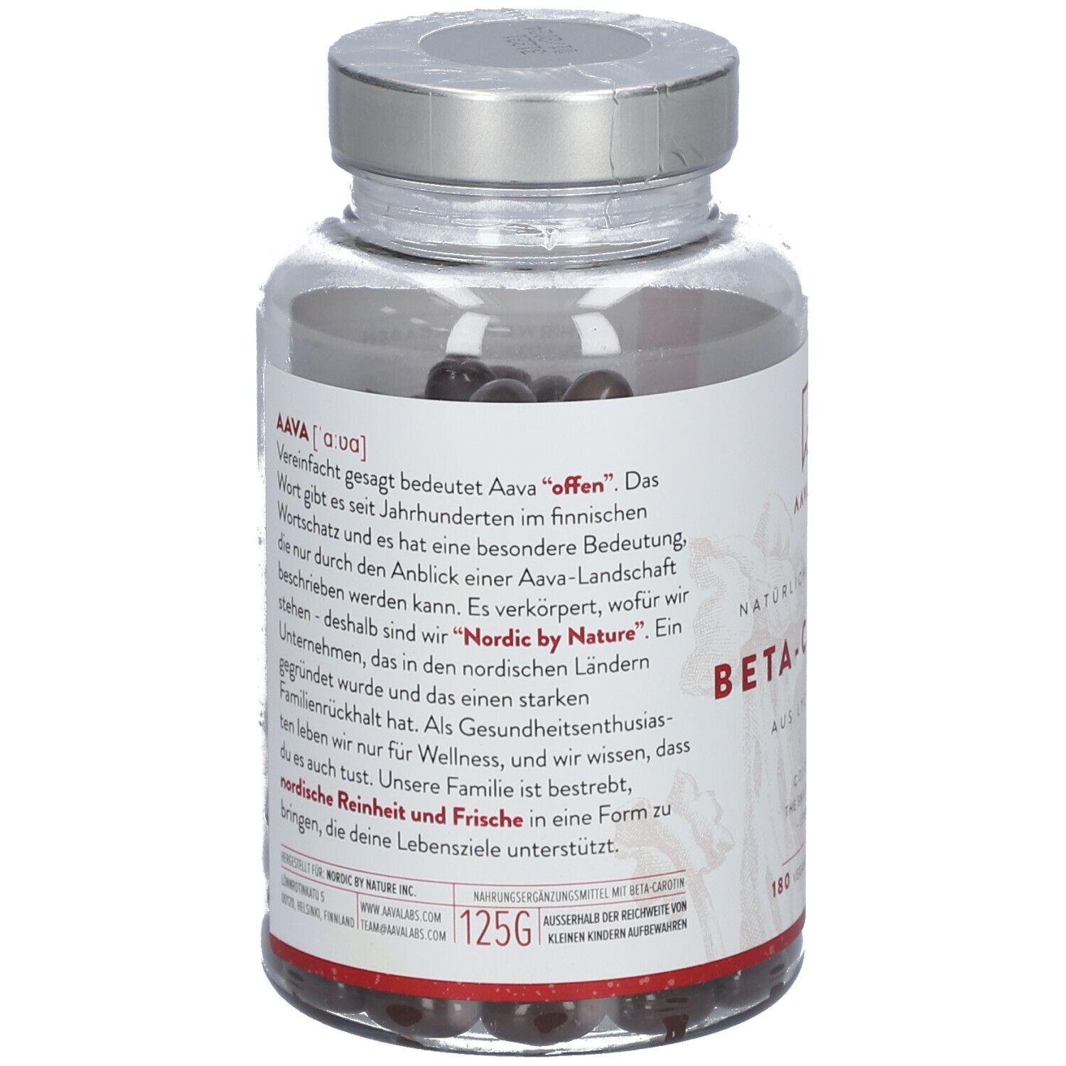 Arrière d'une bouteille en verre de capsules de bêta-carotène avec des informations détaillées sur le produit sur l'étiquette.