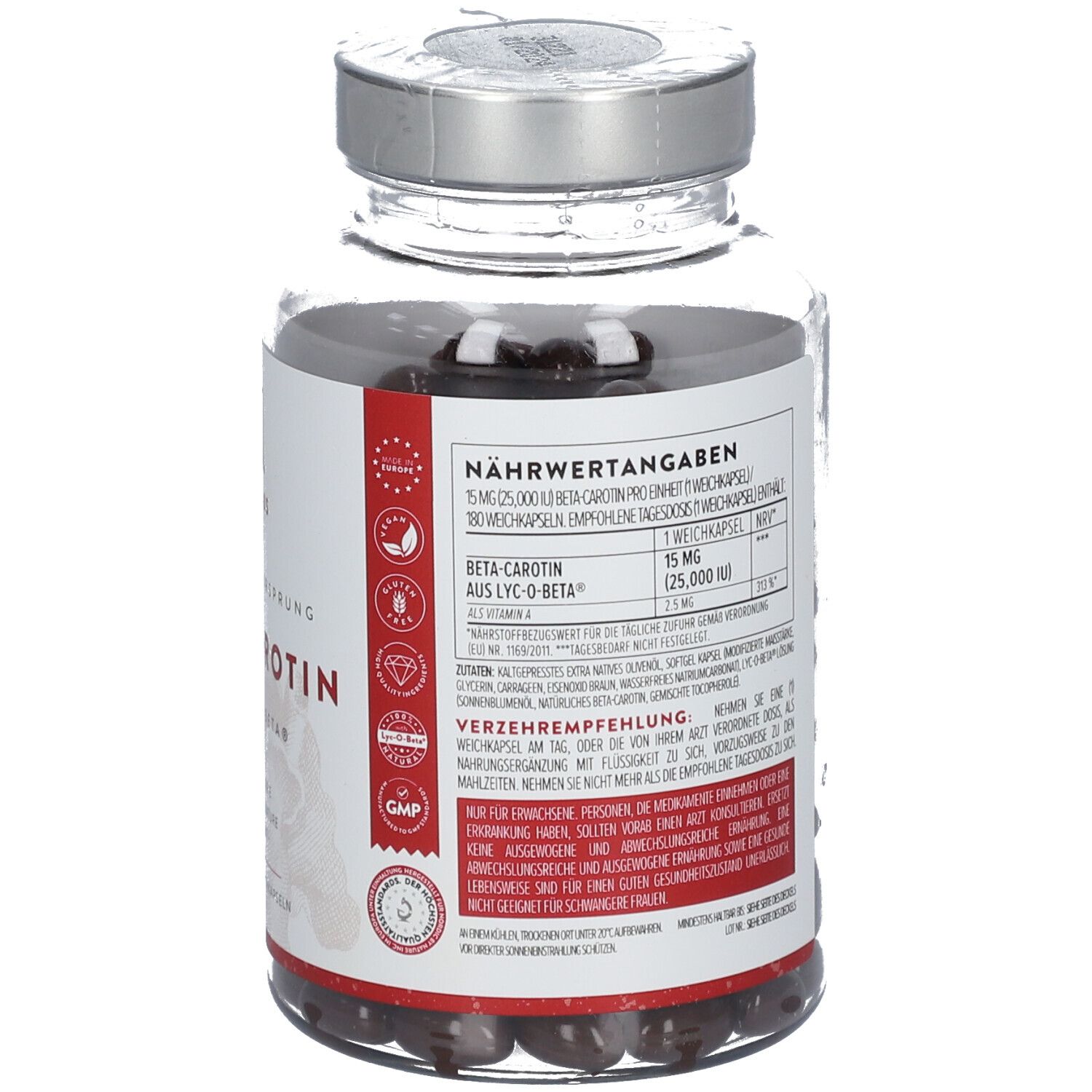 Bouteille en verre de capsules de bêta-carotène montrant la face avant avec l'étiquette et les certifications.