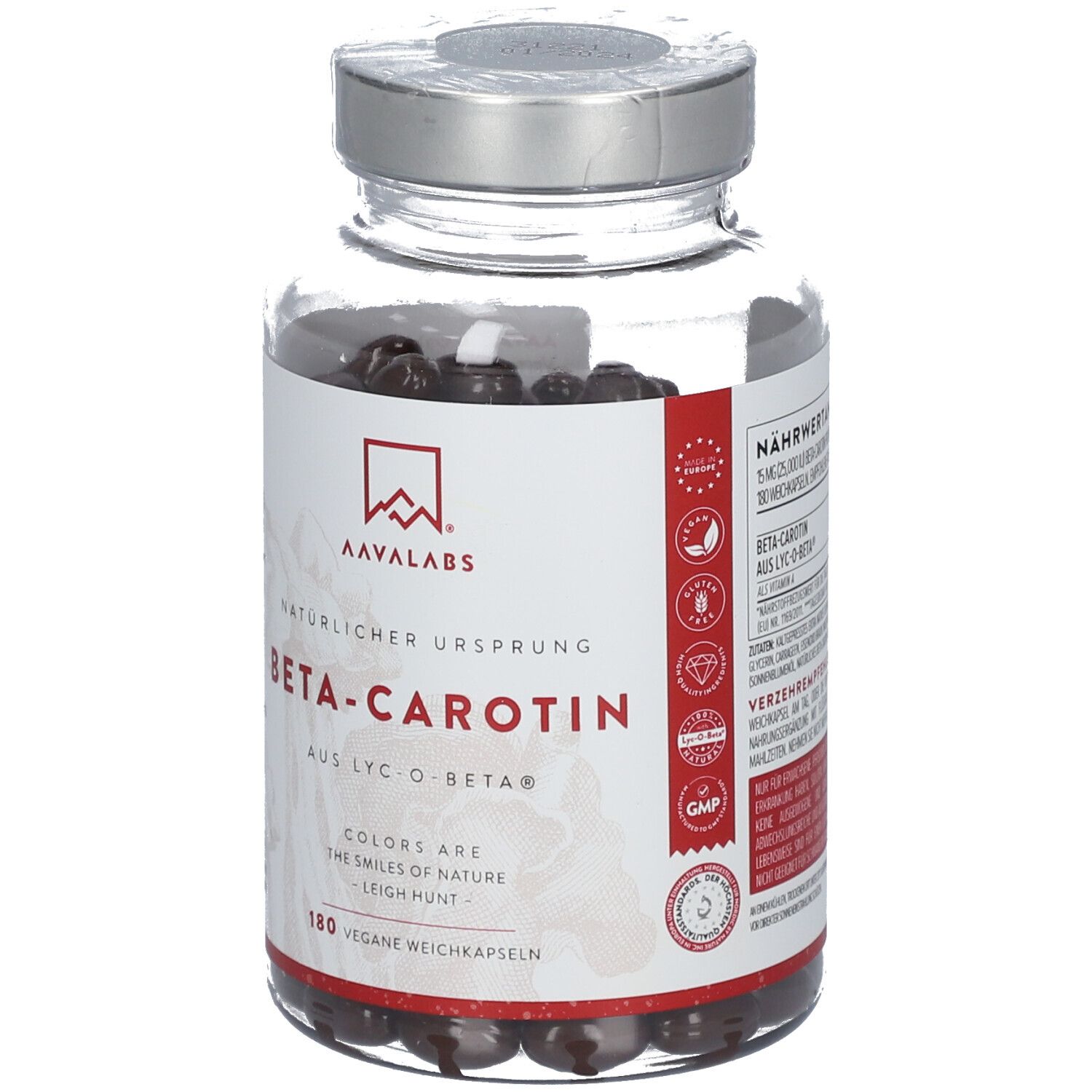 Bouteille en verre de capsules de bêta-carotène avec une étiquette blanche, à côté d'un emballage de produit rouge.