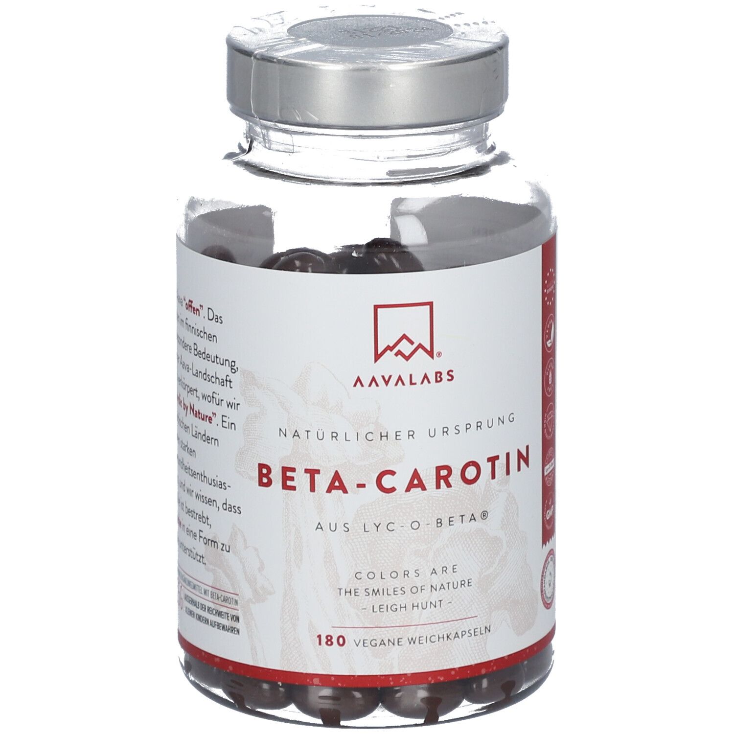 Emballage de produit rouge pour capsules de bêta-carotène avec logo blanc et nom du produit.