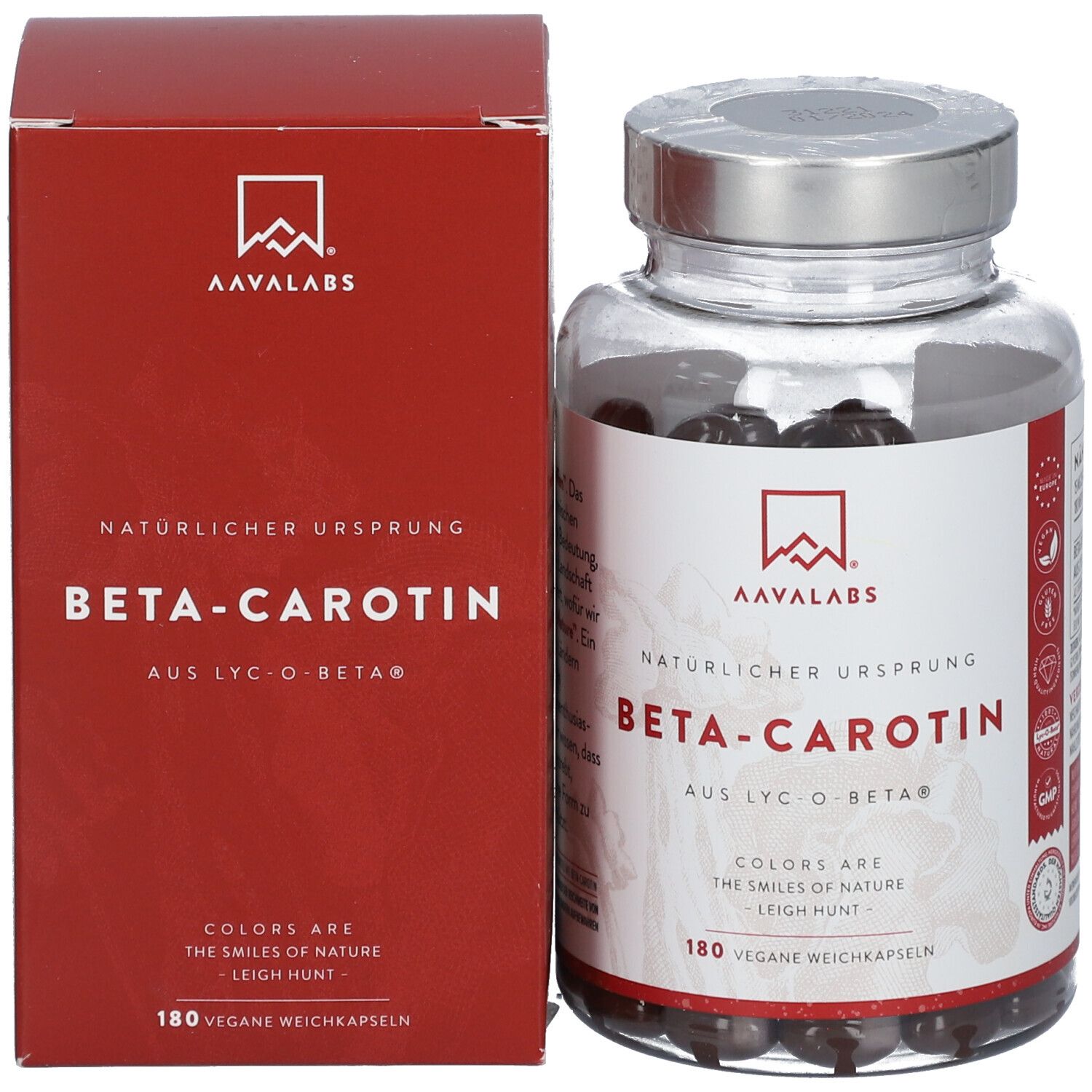 Bouteille en verre et emballage rouge de capsules de bêta-carotène, côte à côte sur fond blanc.