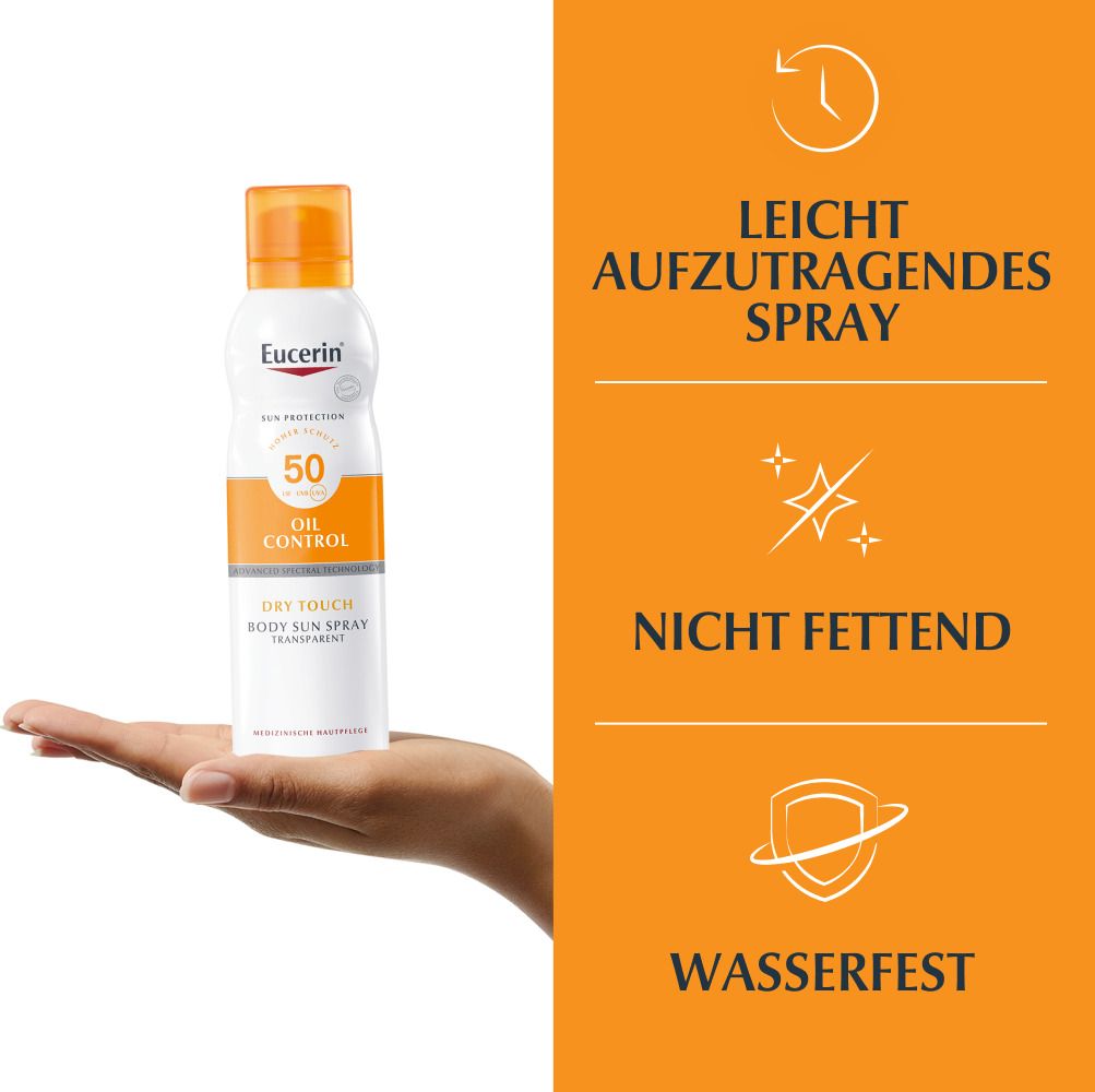 Eucerin® Oil Control Dry Touch Spray LSF 50 dans la main. Caractéristiques : spray léger, non gras, résistant à l'eau.